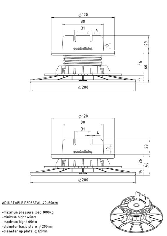 Adjustable pedestal for decking 40-60 mm