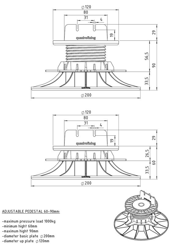Adjustable pedestal YEED for decking 60-90 mm