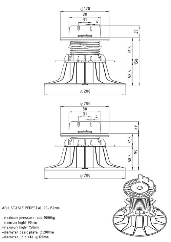 Adjustable pedestal YEED for decking 90-150 mm