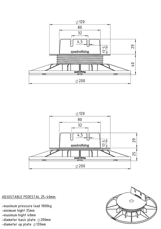 Adjustable pedestal for decking 25-40 mm