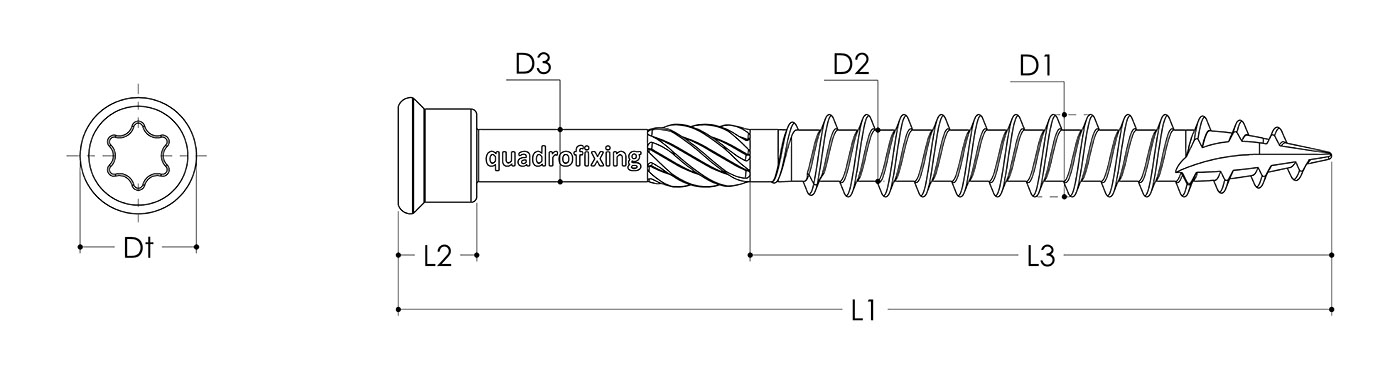 QUADROFIX TERRIX decking screws – technical drawing and dimensions for professional wooden decking and facade installation.